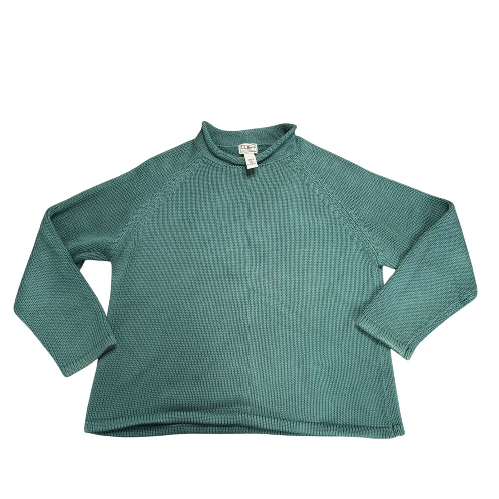 LL Bean Shaker Stitch Sweater Womens LG Green Good Mock Neck Cotton Raglan